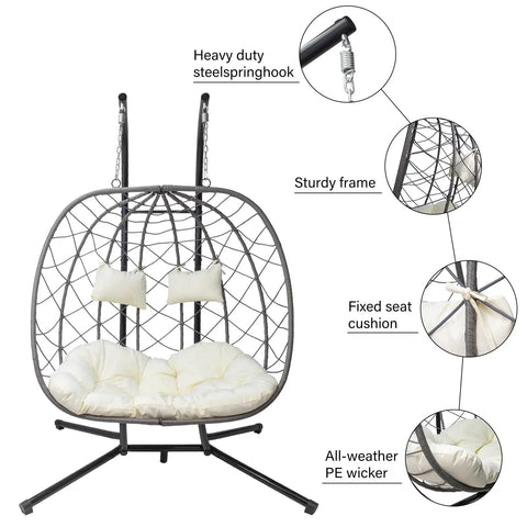 Two Person Outdoor Egg Swing Chair With Stand For Patio Garden Or Balcony Cushioned Wicker Hammock Chair Weather Resistant And Sturdy Dual Hooks Perfect For Chillaxing Together On A Sunny Day showing steel frame, cushion, and wicker close-ups