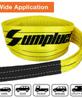 Heavy Duty Tow Strap 3 Inch By 8 Foot Tree Saver Pull Strap With 30,000 Pound Capacity shown coiled up, yellow with black print