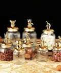 Dead Legit Glass Kitchen Storage Jars With Snap On Lids for candy and snacks, featuring gold animal lids, 500-1000 ml sizes.