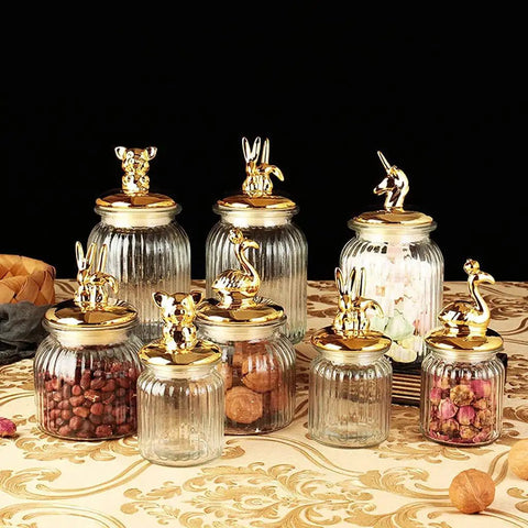 Dead Legit Glass Kitchen Storage Jars With Snap On Lids for candy and snacks, featuring gold animal lids, 500-1000 ml sizes.