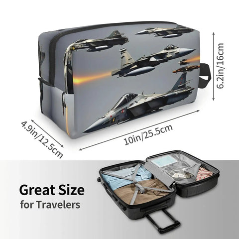 Fighter Jets Print Toiletry Bag For Men Travel Organizer Dopp Kit Shaving Case Water Resistant Oxford Cloth Compact Travel Accessory For Toiletries And Grooming Essentials Ideal Gym And Weekend Getaway Companion with measurement labels next to an open suitcase, showcasing its travel-friendly size.