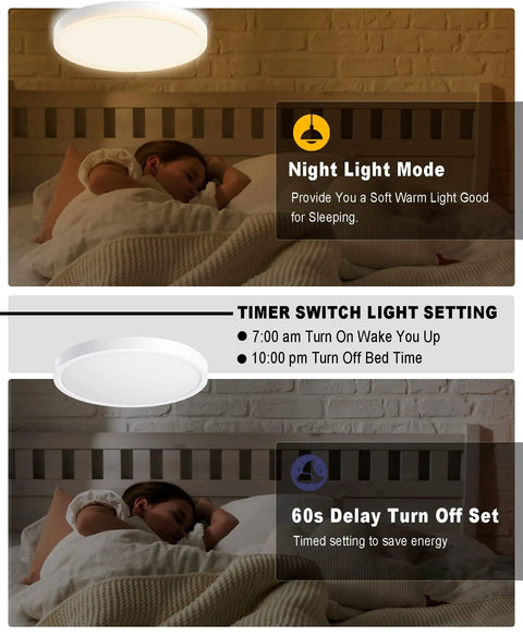 Smart Ceiling Light Fixture Flush Mount LED 24W 2400 Lumens Round 12 Inch Dimmable With Remote And Voice Control above sleeping child
