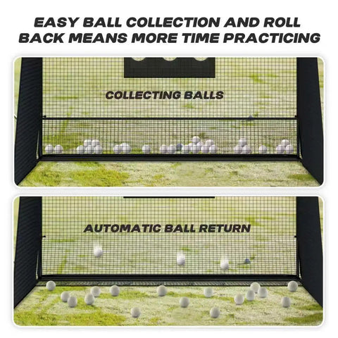 10x10 Golf Hitting Net With Side Barriers And Ball Return System For Indoor Practice showing ball collection and auto return