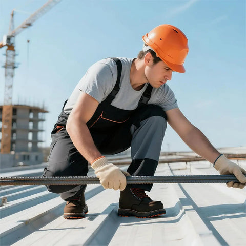 Worker wearing Mens Steel Toe Work Boots Built For The Job Like Construction And Welding, Puncture Resistant And Slip Resistant on site