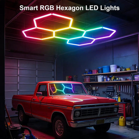 RGB Hexagon Garage Lights 240W 24 Pack LED Honeycomb Ceiling Lights installed in garage with truck, multicolor lighting visible.