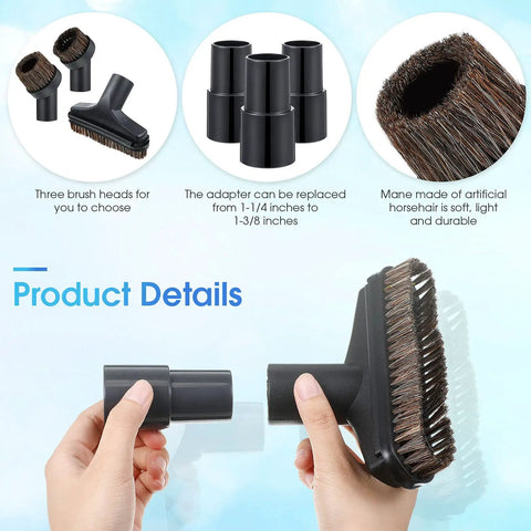 Vacuum Attachments Kit With Round Dust Brush And Floor Attachment, 1.25 Inch Hose Fits 25mm And 36mm, 1-1/4 To 1-3/8 Adapter Shown