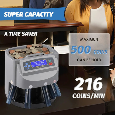 US Coin Counter Machine Auto Sorter and Wrapper Roller for Pennies Nickels Dimes Quarters and Dollars with digital display