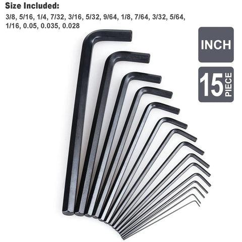15-piece SAE hex keys in L shape, part of 30 Piece Hex Key Set With SAE And Metric Wrenches, L Shape, Chrome Vanadium Steel, Precise Chamfered Tips, In Durable Storage Case, Go-To For Home Projects, Furniture Assembly, Bike And Garage Repairs