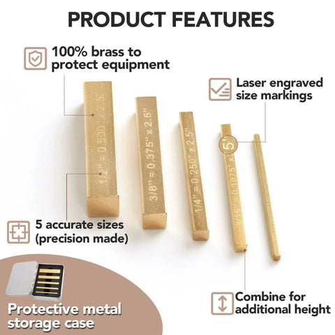 Solid Brass Setup Blocks Height Gauge Set Of Five With Laser Marked Readouts for precise woodworking equipment tuning.