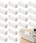 Keepin' Your Drawer Game Strong With These 20 White Plastic Narrow Storage Bins, Multi Purpose Compact Containers That Keep The Entire Household Organized. Twenty white plastic bins arranged with smooth surfaces.