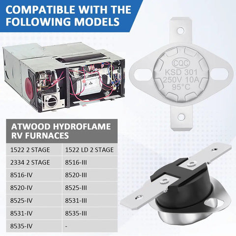 190F High Temperature Furnace Limit Switch For Atwood Hydroflame RV Heaters Fits 8500 Series displayed with compatible models