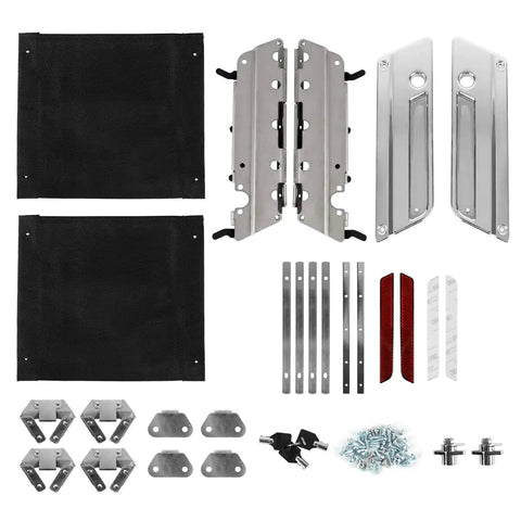 Chrome Saddlebag Latch Kit With Keys And Locks, Theft Deterrent Lock Covers, Easy Install Hardware Set components displayed