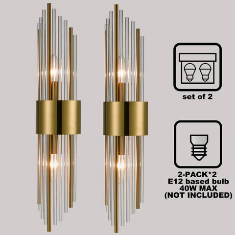 Two Light Modern Wall Sconce In Brushed Titanium Gold With Clear Glass Crystal Luxury Wall Light Fixtures For Bedroom Living Room Bathroom Vanity Mirror Set Of Two