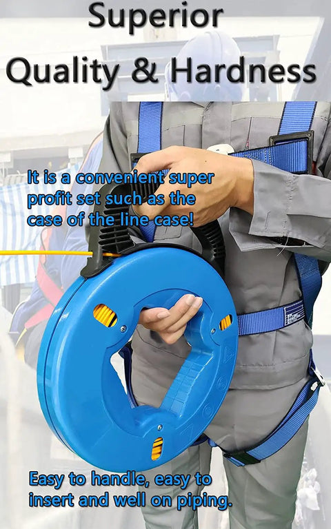 Worker holding 4mm 150-Foot Steel Wire Puller With Storage Case, flexible tool for attics and piping.