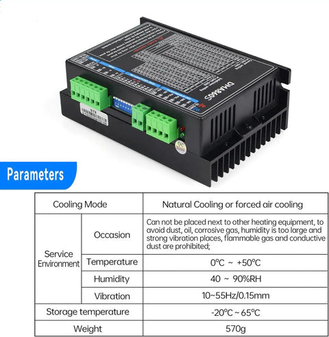 DMA860S 2-Phase Stepper Driver with cooling parameters and service environment details, showing green connection ports