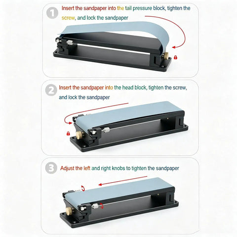 Instructional graphic showing steps to use the Top Shelf Aluminum Alloy Sandpaper Holder With Smooth Dual Knobs For A Dead Sure Grip.