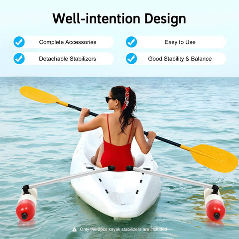 Woman in red kayak using Portable Kayak Stabilizers Kit for Most Kayaks and Canoes with Quick Release Outriggers on calm water.