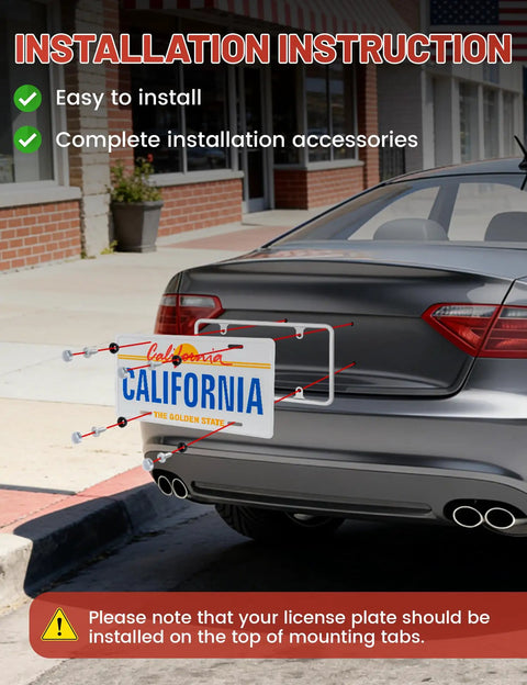 Chrome Polished Mirror License Plate Frame Built Tough Stainless Steel No Obstruction Tag Holder on car trunk