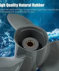 Close-up of Honda Outboard OEM Upgrade Aluminum Propeller, showing 10 spline design, durable aluminum, ocean background