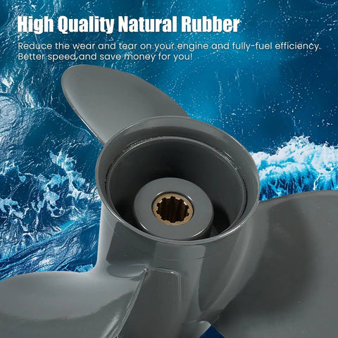 Close-up of Honda Outboard OEM Upgrade Aluminum Propeller, showing 10 spline design, durable aluminum, ocean background
