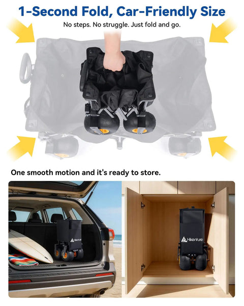 Beach Wagon With Balloon Wheels Seven Point Five Inch Soft Sand Glide Heavy Duty Cart folded in car trunk