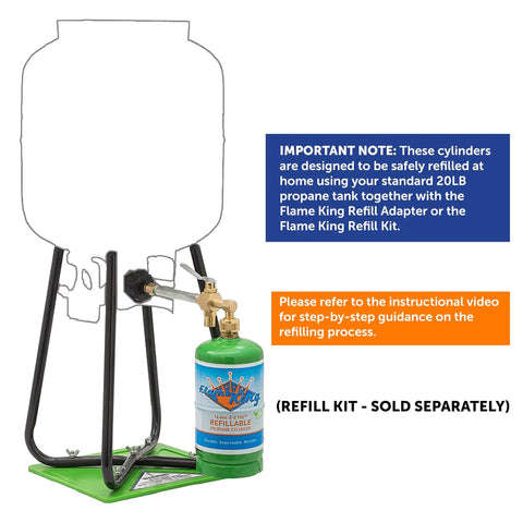 Image showing Empty Refillable 1 Pound Propane Tank Cylinder 4 Pack For Camping Backpacking And Hiking Eco Friendly Reusable DOT Compliant Green 16 Ounce Capacity Includes Caps And Allen Keys attached to a home refill kit with instructions visible. Refill kit sold separately.
