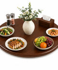 Top Shelf Walnut Lazy Susan Turntable 35.5 Inch Oversized Counter Rotating Tray with various dishes on a dining table.