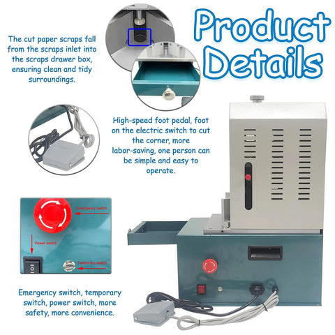 Heavy Duty Electric Corner Rounder With Smooth Foot Pedal And Quick Swap Blades For Paper Vinyl Plastic Film Trimming. Foot pedal and power switches.
