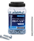 Pocket Hole Screws Kit 8 x 1-1/4 Inch Square Drive Self-Tapping Wood Screws Zinc Coated 600 Pack with drive bits