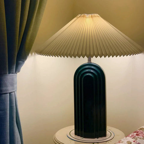 LED Bedside Table Lamp With Pleated Shade Cream Ceramic Retro Rural Style Ambient Light