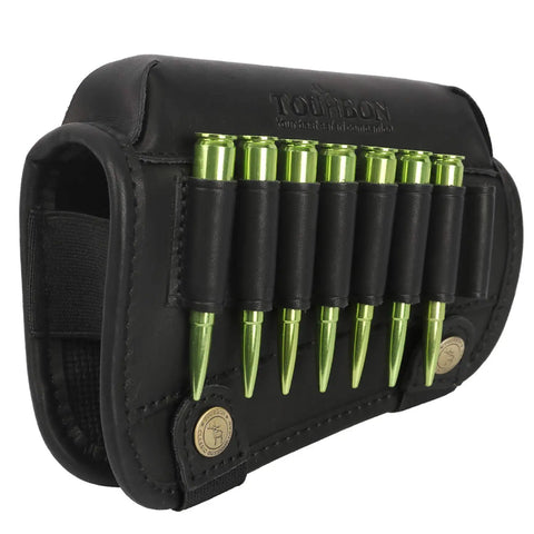Genuine Leather Buttstock Cheek Rest with Rifle Shell Holder for Up to 8 Shells Adjustable Elastic Straps with Bottom Closure