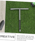 Soil Sampling Tool With T-Handle, Stainless Steel Core Probe for contractors and DIY farmers, shown on artificial turf with shovel and hose.