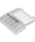 Get Your Fix Fast With These Top Tier Double Wire Irrigation Hose Clamps In Blue And White! This Sweet Assortment Kit Boasts 10 Sizes Ranging From Tiny 5mm To A Big 14mm Diameter Plus Zinc Protection For Rust Resistance. Grab The Nifty Storage Box Inside. Clear storage box with zinc double wire hose clamps in assorted sizes for garden hoses and pipes