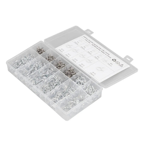Get Your Fix Fast With These Top Tier Double Wire Irrigation Hose Clamps In Blue And White! This Sweet Assortment Kit Boasts 10 Sizes Ranging From Tiny 5mm To A Big 14mm Diameter Plus Zinc Protection For Rust Resistance. Grab The Nifty Storage Box Inside. Clear storage box with zinc double wire hose clamps in assorted sizes for garden hoses and pipes