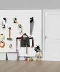 Beefy 12 Inch Square Tubing Slatwall Shelf Bracket Kit installed in garage, organizing tools and equipment on white slatwall.