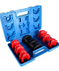 14 Piece Universal Fork Seal Driver Tool Kit For Motorcycle And Dirt Bike Forks Sizes 35 36mm 40 41mm 42 43mm 45 46mm 47 48mm 49 50mm Pro Grade Heavy Duty Build Easy Install in blue case with red adapters