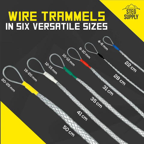 Pro-Grade Wire Pulling Kit With Six Size Wire Trammels, showing wire trammels in 20-25 mm to 50 cm sizes with labeled dimensions.