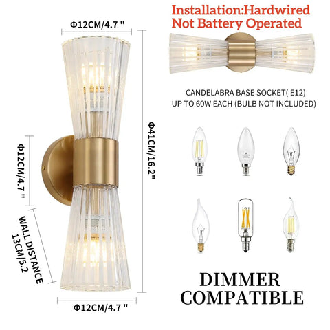 Mid Century Modern Crystal Glass Shade 2 Light Gold Brushed Brass Wall Sconces For Indoor Up Down Vanity Lights, size shown.