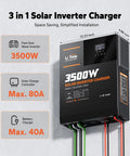 All In One 3500W Pure Sine Wave Inverter Charger With 48V Dc To 120V Ac Output on a wall with dimensions and specifications.