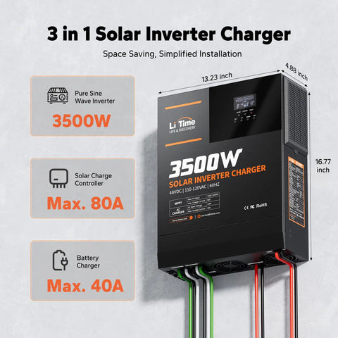All In One 3500W Pure Sine Wave Inverter Charger With 48V Dc To 120V Ac Output on a wall with dimensions and specifications.