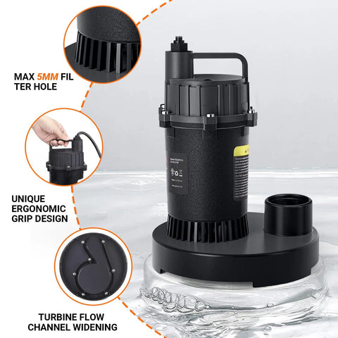 Half HP Submersible Sump Pump With 3300 GPH Flow And 27.7 Ft Lift Handles Clean Or Dirty Water Auto Reset Thermal Protector