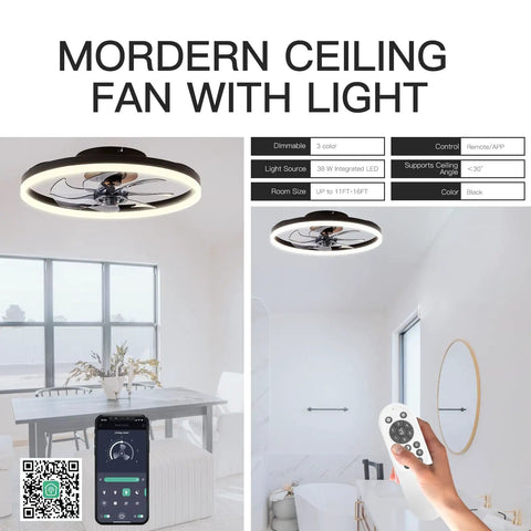 Bladeless Low Profile Ceiling Fan With Light Remote Control 19.7 Inch Diameter Flush Mount Black LED Ceiling Fixture in modern room