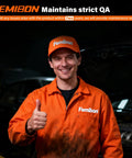 Mechanic in orange uniform and cap gives a thumbs up, standing in front of an open car hood, promoting Femibon quality assurance.