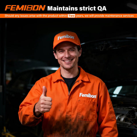 Mechanic in orange uniform and cap gives a thumbs up, standing in front of an open car hood, promoting Femibon quality assurance.