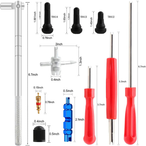Detailed view of 45 Pc Tire Valve Stem Core Removal Tool Kit with Dual Head Removers and Snap In Short Rubber Valves TR412 TR413 TR414