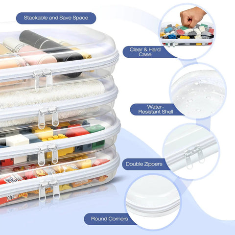 Clear Hard Shell Zipper Case Set, 4 Pack grab-and-go storage pouches stacked showing contents and features like durability and zippers.