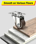 Heavy Duty 1.5 Inch Swivel Caster Wheels Featuring Lockable Rubber Tread And Screw In Mount on various floor types including wood, marble, and cement.
