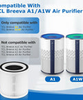 Image showing two TCL Breeva A1 and A1W air purifiers and a replacement filter, noting compatibility for the Three In One Replacement Filter For TCL Breeva A1 And A1W Air Purifiers, Fully Compatible With Breeva A1F Cartridges, High Efficiency 3 Layer Filtration, Easy Install, Not For A1C A2 A3 A5 Models, Keeps Air Fresh And Clean.