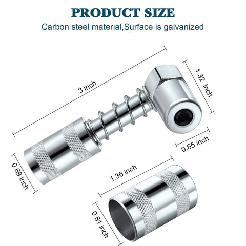 Dimensions of 4 Piece 90 Degree Grease Gun Coupler Set With 3 Jaw Angle Fittings And Sleeves Spring Loaded Quick Connect Adapters