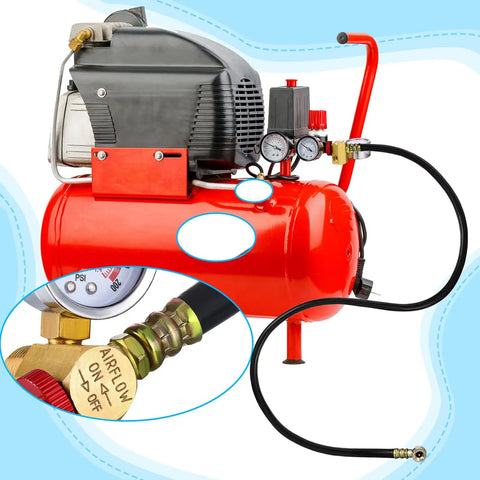 Hella Sturdy 2 Pack Air Tank Repair Kit Featuring Heavy Duty Rubber Hose Assembly and Precision Filler Chuck connected to compressor